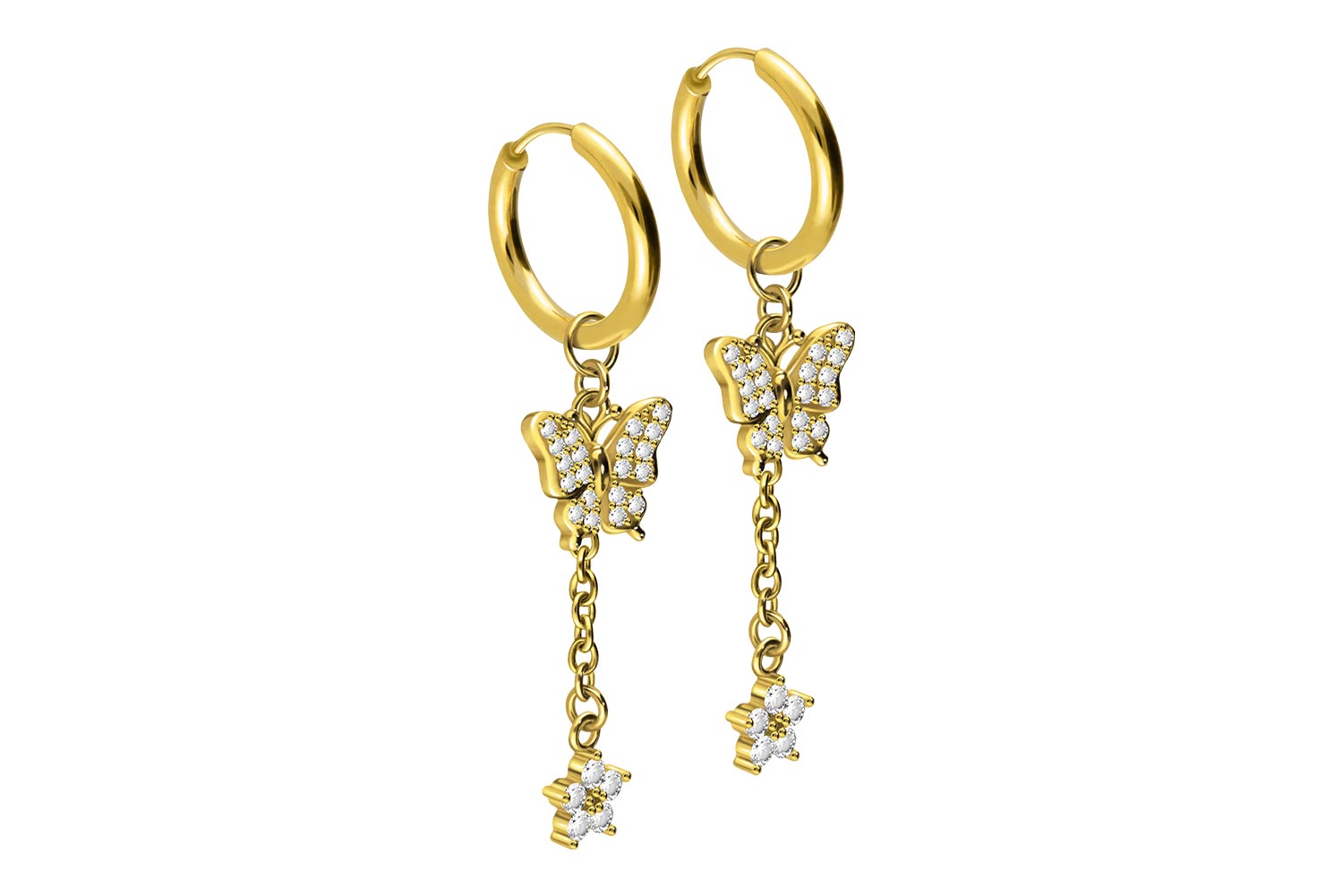 Chirurgenstahl Ohrclicker Creolen KRISTALLSCHMETTERLING + KRISTALLBLUME von Piercingline